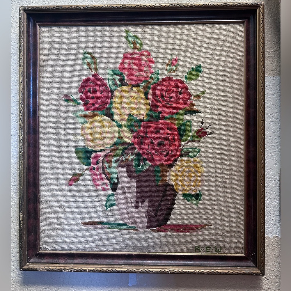 Vintage Needlepoint Floral Bouquet Wall Art - Pink & Yellow Roses